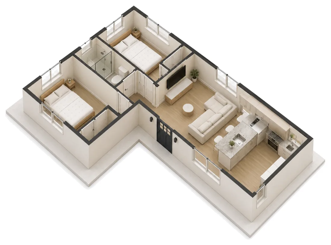 The Newport floor plan — two-bed one-bath ADU