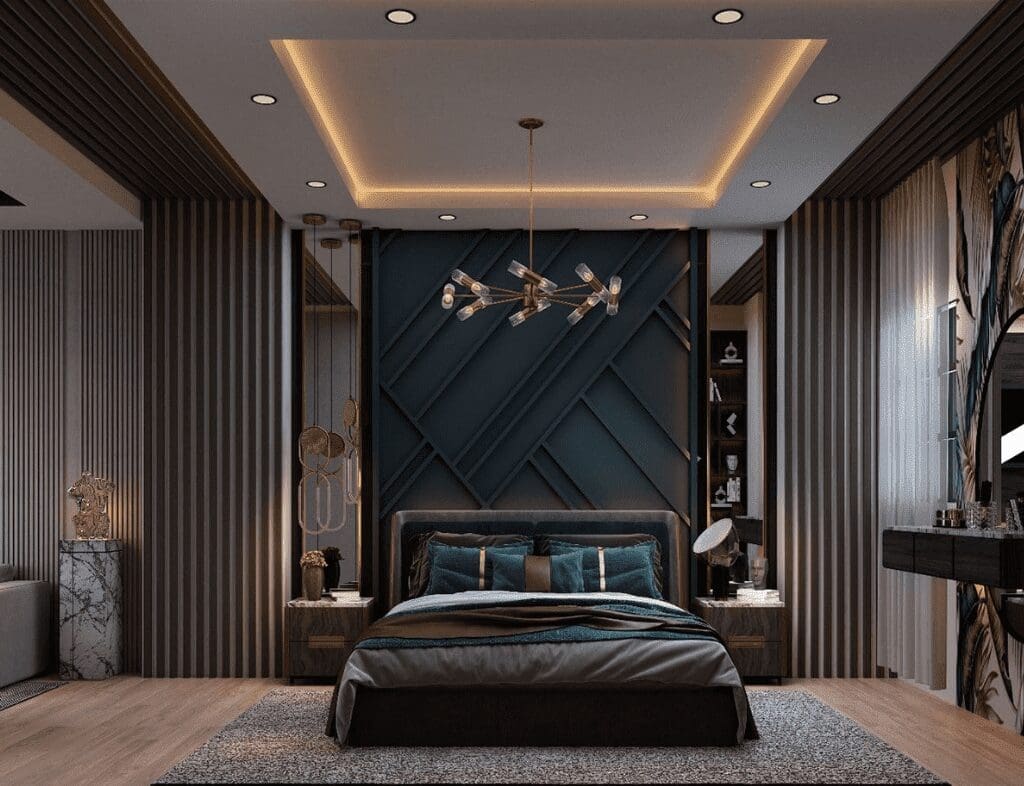 Bedroom built inside an ADU with artdeco furniture