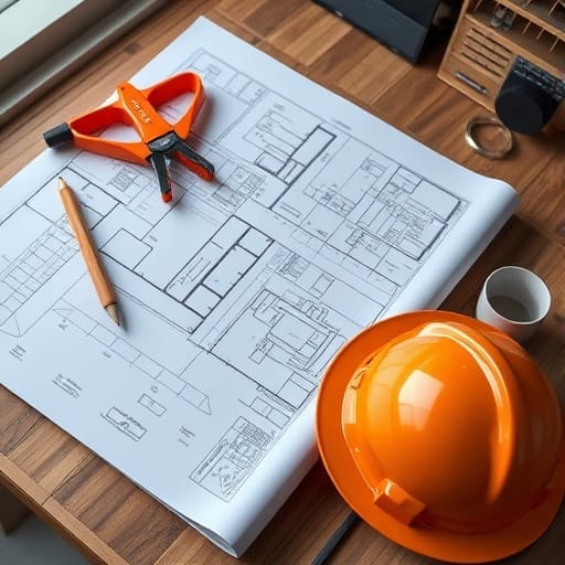 Blueprint rolled out on a desk with construction tools and a hard hat
