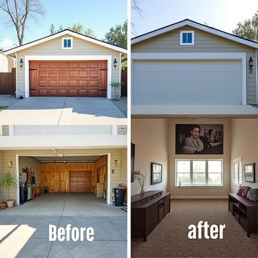 Side-by-side images of a garage before and after conversion into an ADU