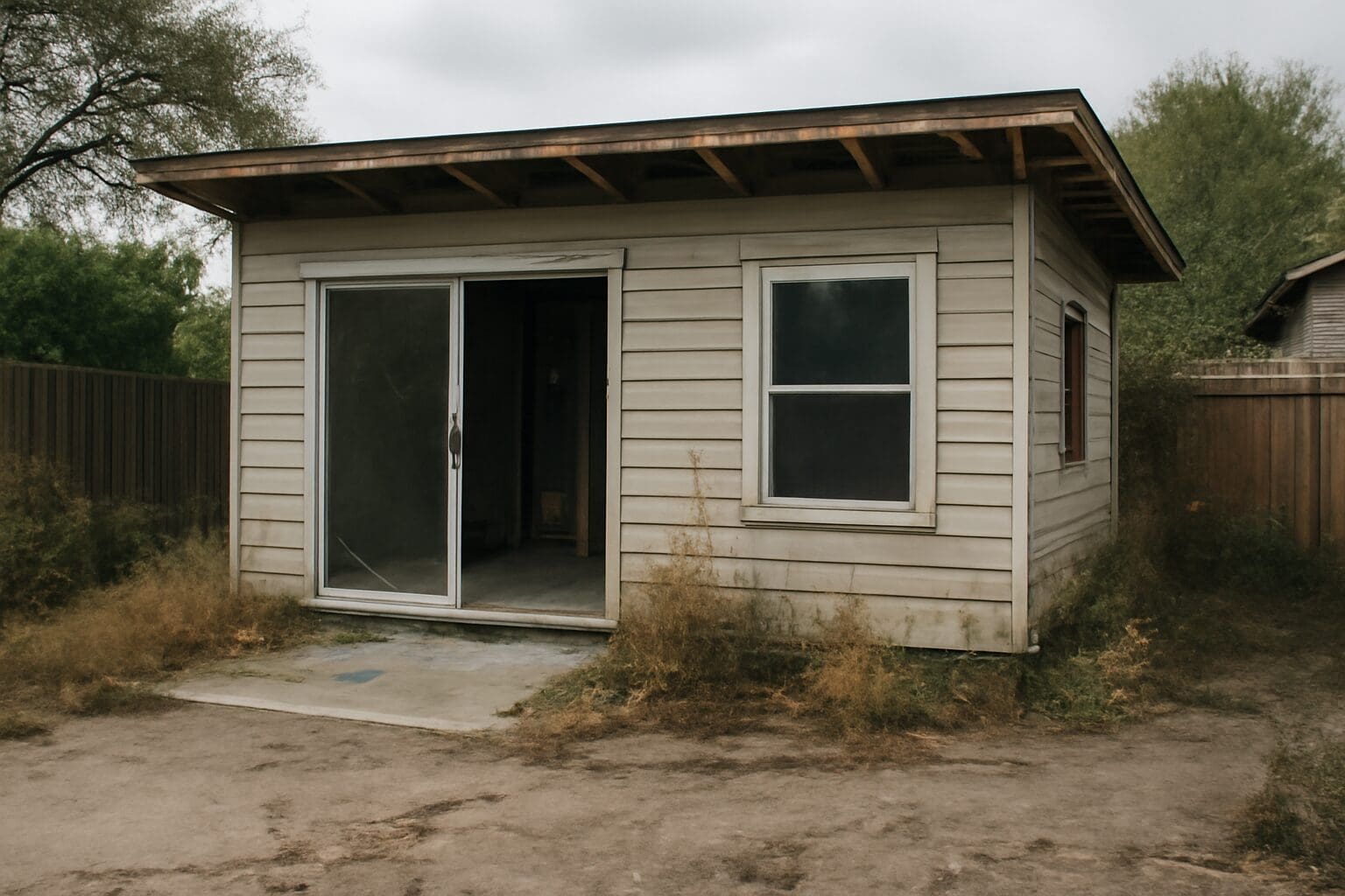 Abandoned accessory dwelling unit (ADU) construction site with exposed framing, symbolizing the financial risk of contractors demanding excessive upfront payments in California.