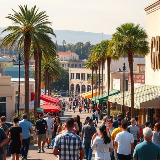 an image of Garden Grove California. Pinpoint the hottest spots of the city, make it sunny, full of people (all behind, showing their backs). Pinpoint a square, stores, restaurants