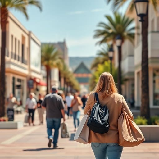 sunny Irvine in California. Add people walking through the downtown, with shopping bags and focus on their backs