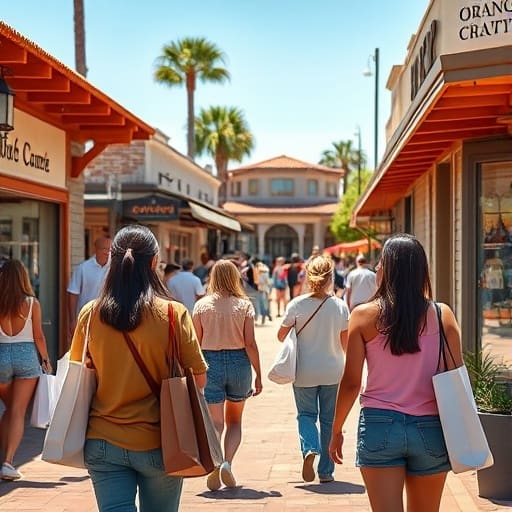 image of sunny orange county in california. Add people in a popular commercial street, with shopping bags, giving us their backs. Also, add in the background an ADU accessory dwelling unit, detached to the main property.