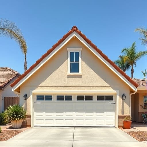 image of an above-garage adu in sunny anaheim california with a pointy peak (in a triangle form)