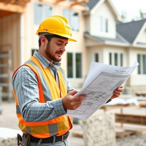 Construction professional reviewing architectural blueprints at residential renovation project