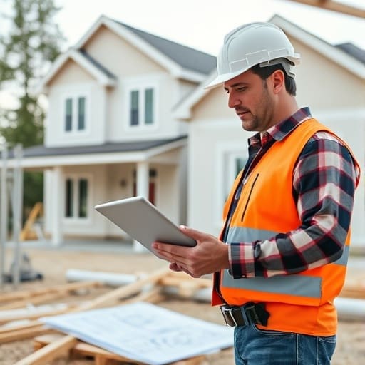 General contractor managing residential construction project with blueprints and tablet