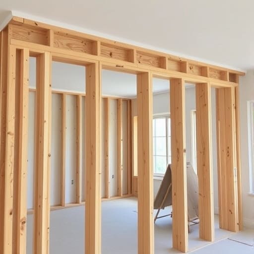 Residential wall framing with wooden studs and header beams during home renovation