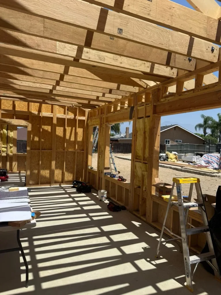 ADU framing and roof structure during construction in Southern California