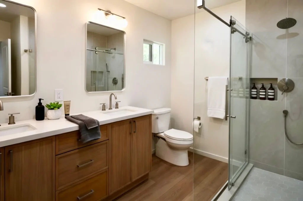 Finished ADU bathroom with double vanity and glass shower